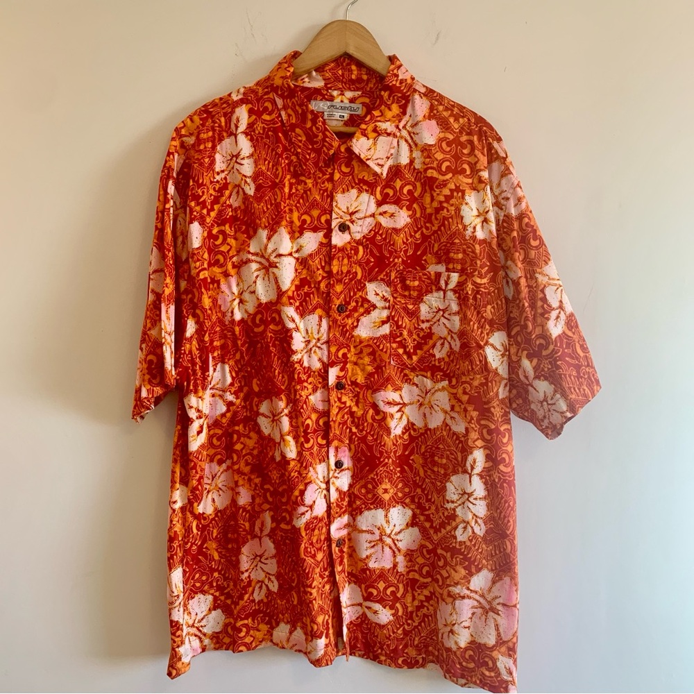 Vintage Rusty Surfboards Hawaiian Tiki Button Up Shirt Orange Floral Print